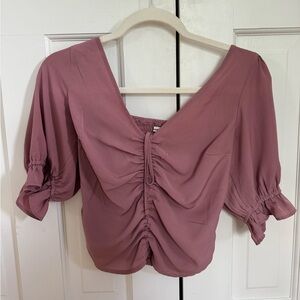 Abercrombie & Fitch pink ruched front tie mauve top with ruffled sleeves